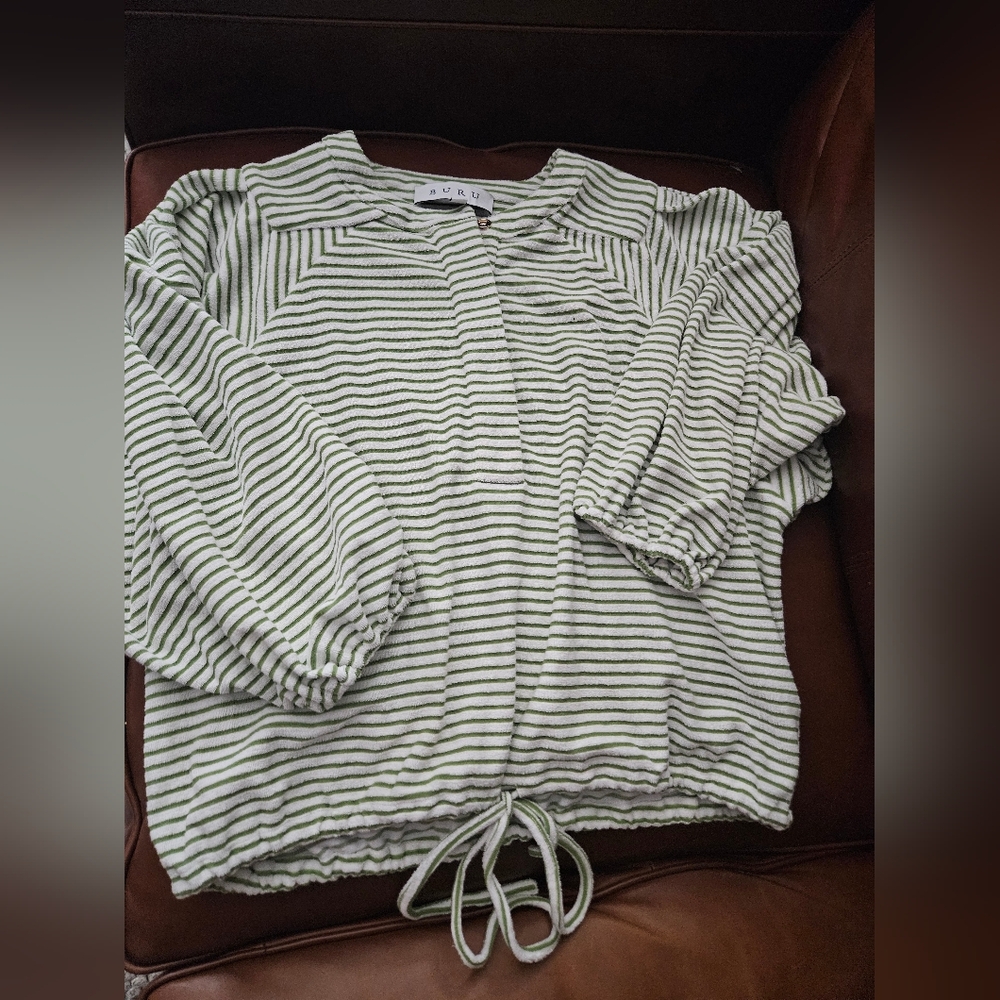 Buru Striped Long Sleeve Tie-Hem Top in Light Green